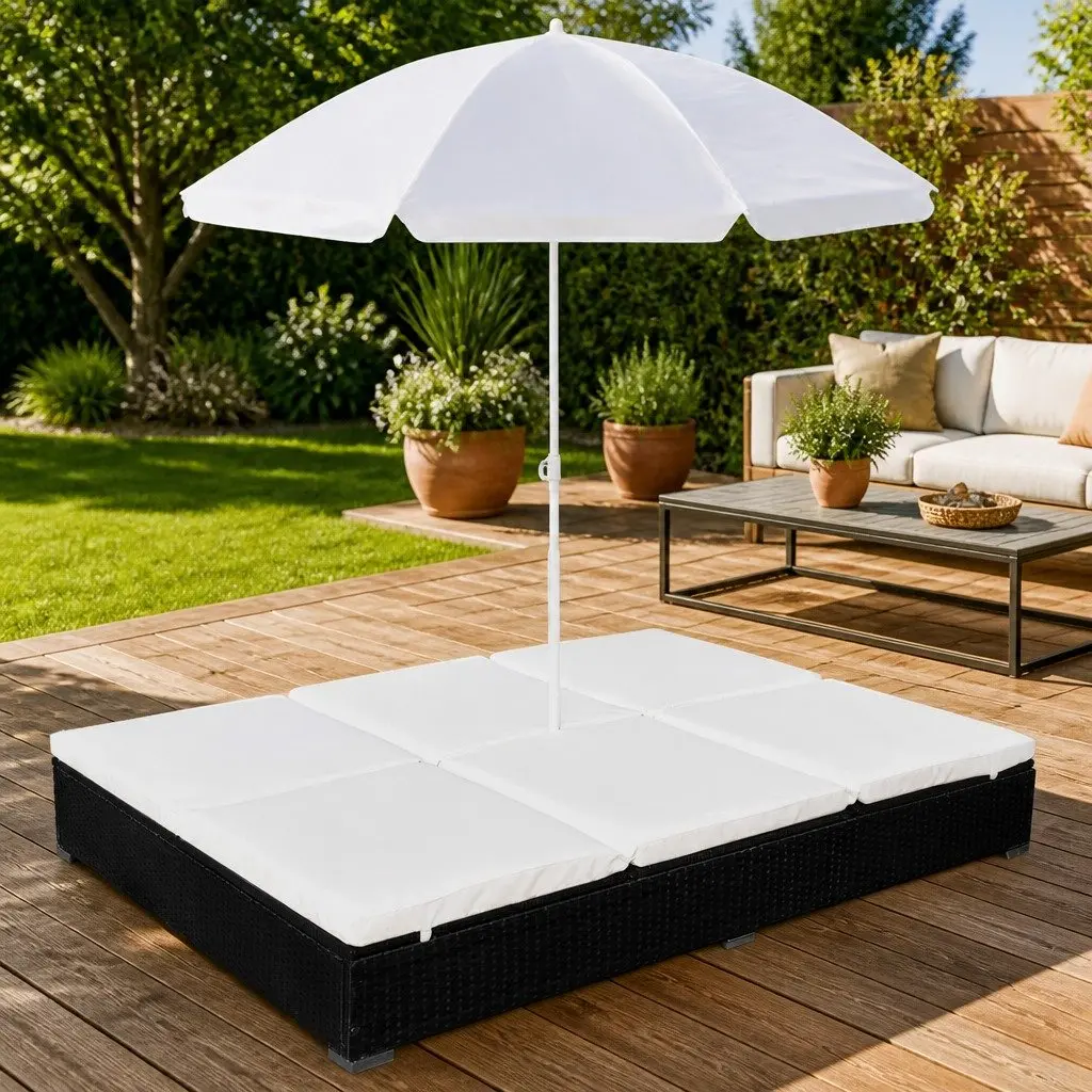 Outdoor Lounge Bed Black for 2 People Adjustable with Umbrella