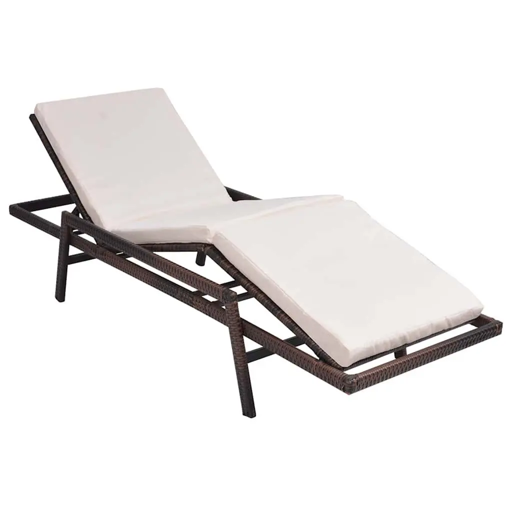 Sun Lounger Brown Adjustable Backrest and Footrest with Thick Removable Cushion