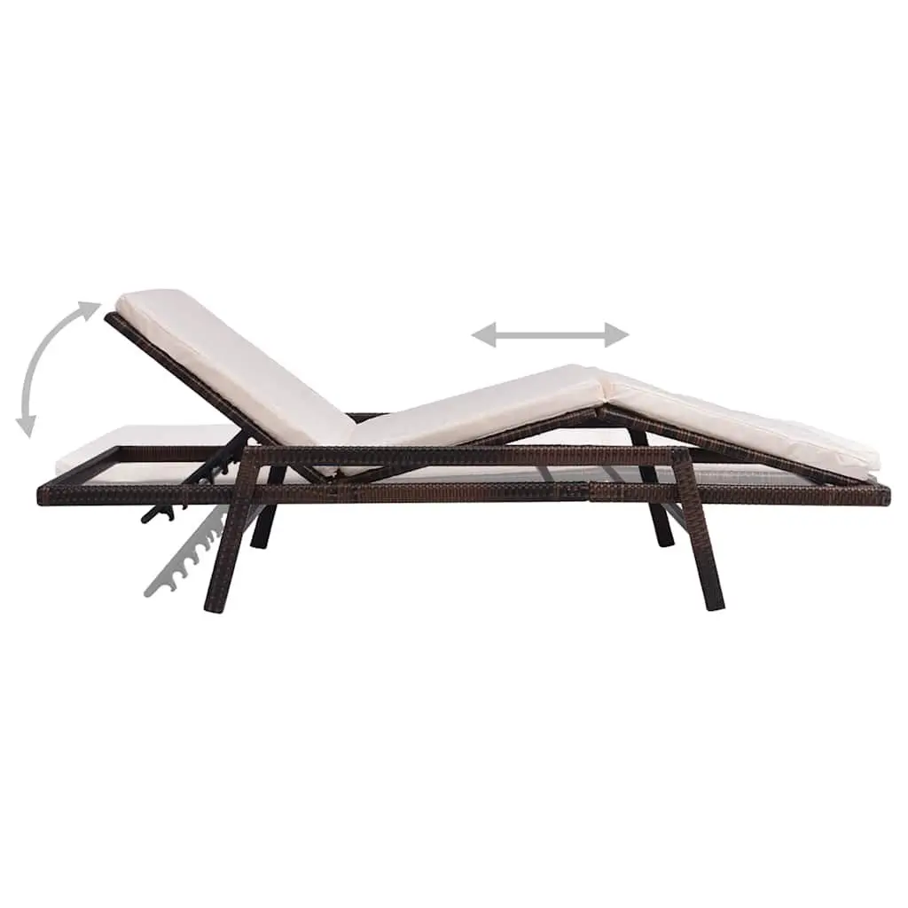 Sun Lounger Brown Adjustable Backrest and Footrest with Thick Removable Cushion