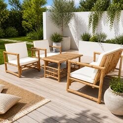 4 Piece Bamboo Garden Lounge Set Outdoor Furniture with Cushions Bench Chairs