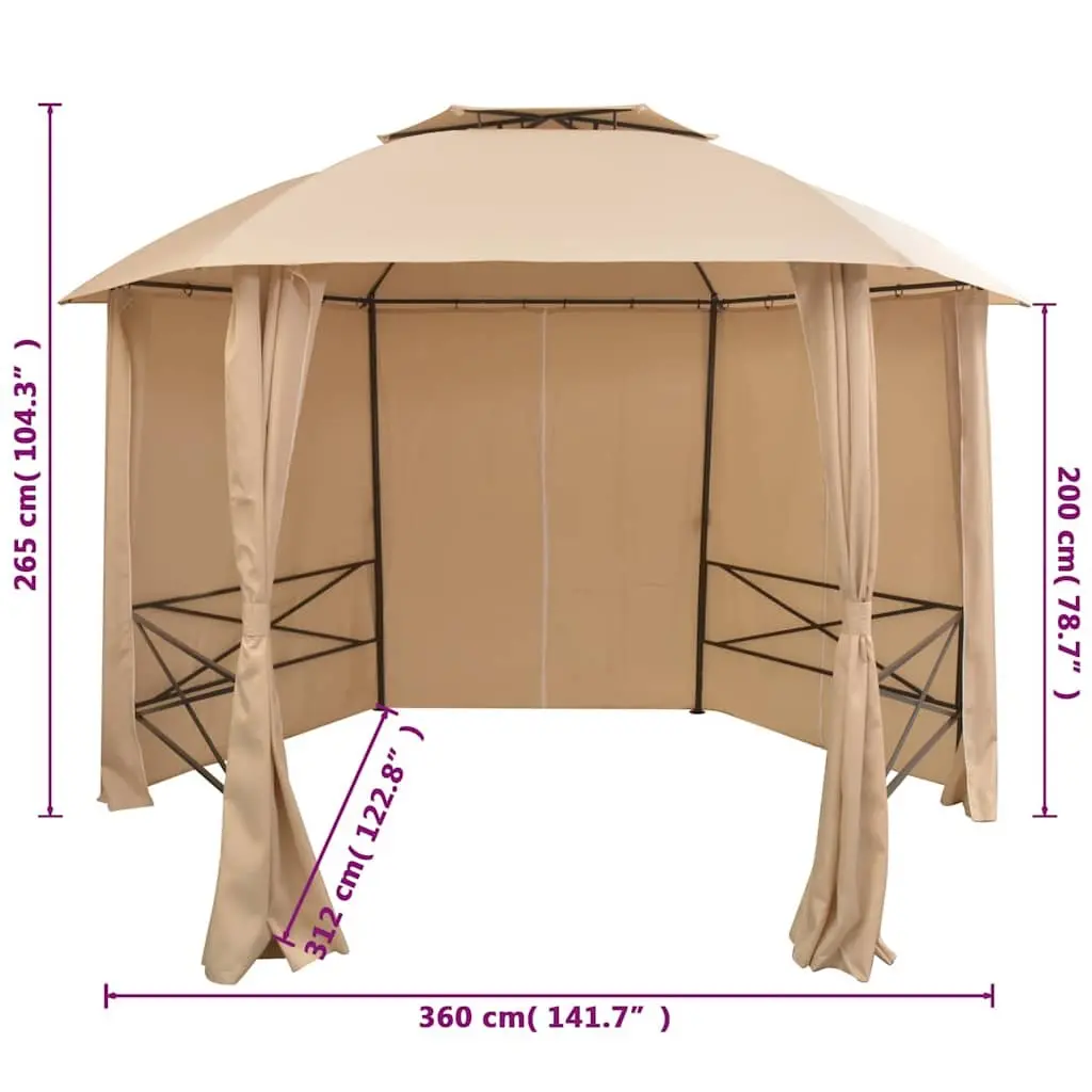 Hexagonal Gazebo Pavilion Tent Beige 360 x 265 cm Double-Vented Roof Removable Curtains