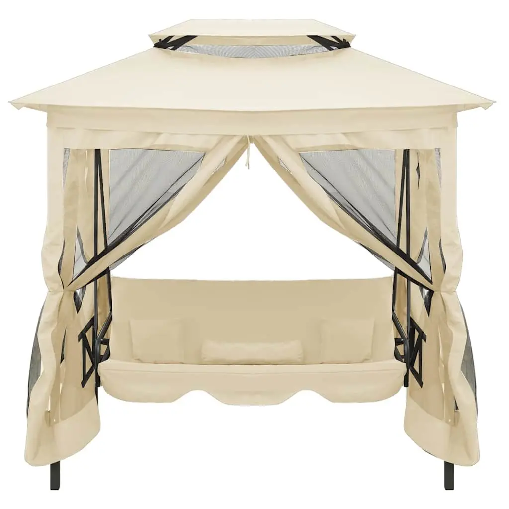 Gazebo Swing Bench Cream Two Person Converts to Bed with Canopy and Enclosed Mesh Curtains