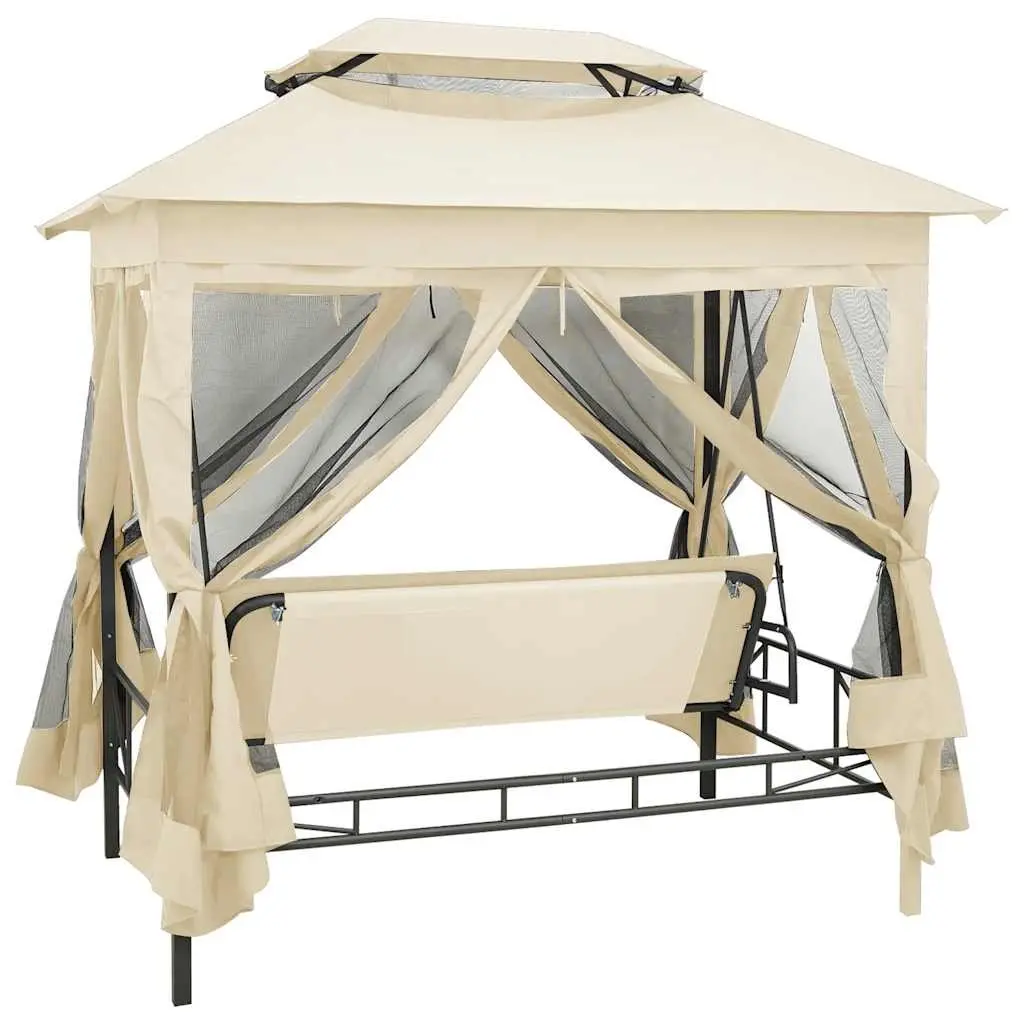 Gazebo Swing Bench Cream Two Person Converts to Bed with Canopy and Enclosed Mesh Curtains