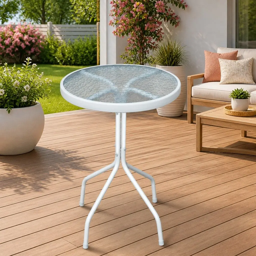 Grey Round Bistro Table 50x71 cm Outdoor Garden Patio Dining Steel Frame Glass