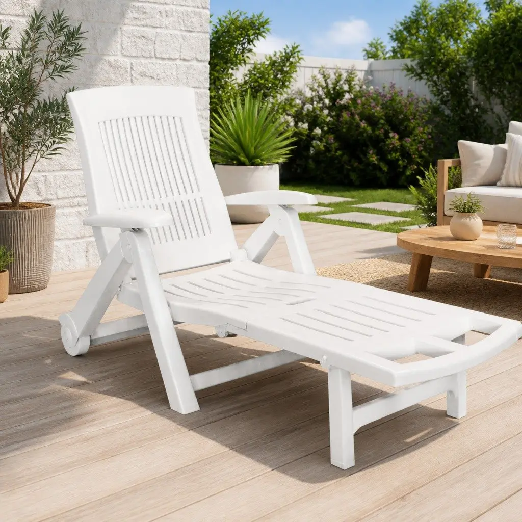 Plastic Sun Lounger White Adjustable Reclining Deck Chair Outdoor Garden Folding