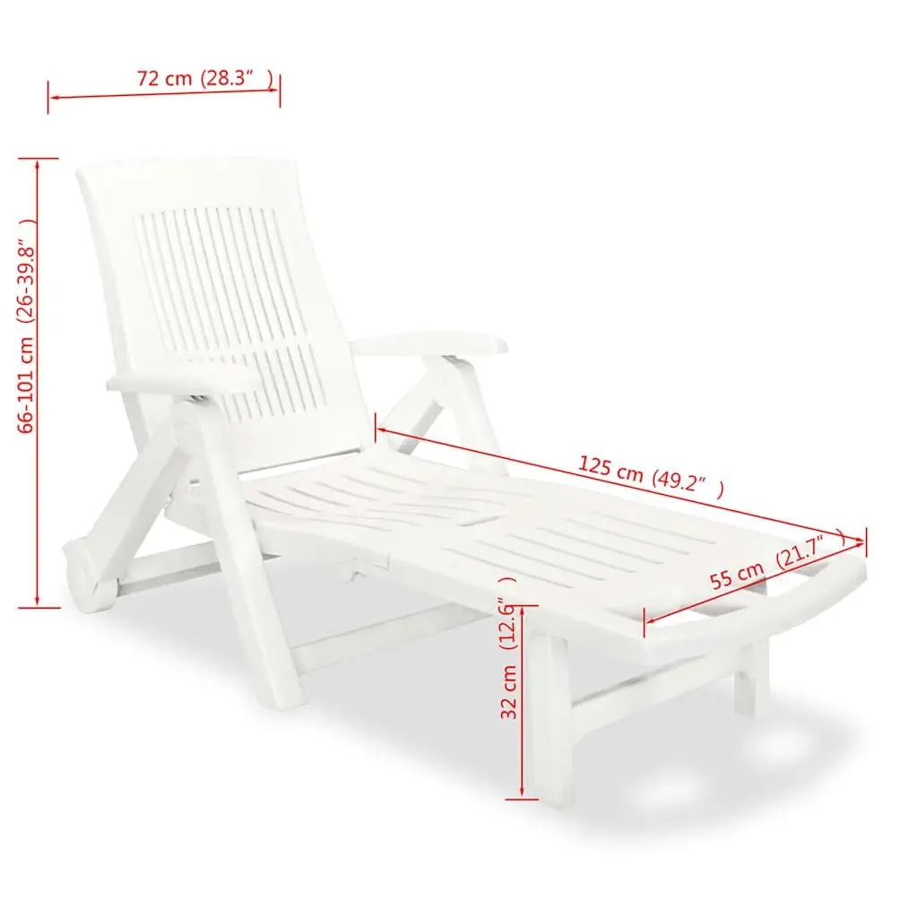 Plastic Sun Lounger White Adjustable Reclining Deck Chair Outdoor Garden Folding