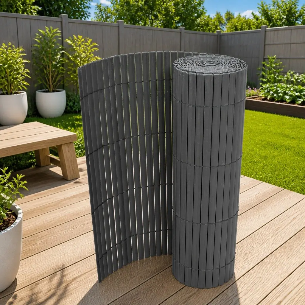 Garden Fence Panel Grey 90x500cm Double-Sided PVC Outdoor Screening Barrier
