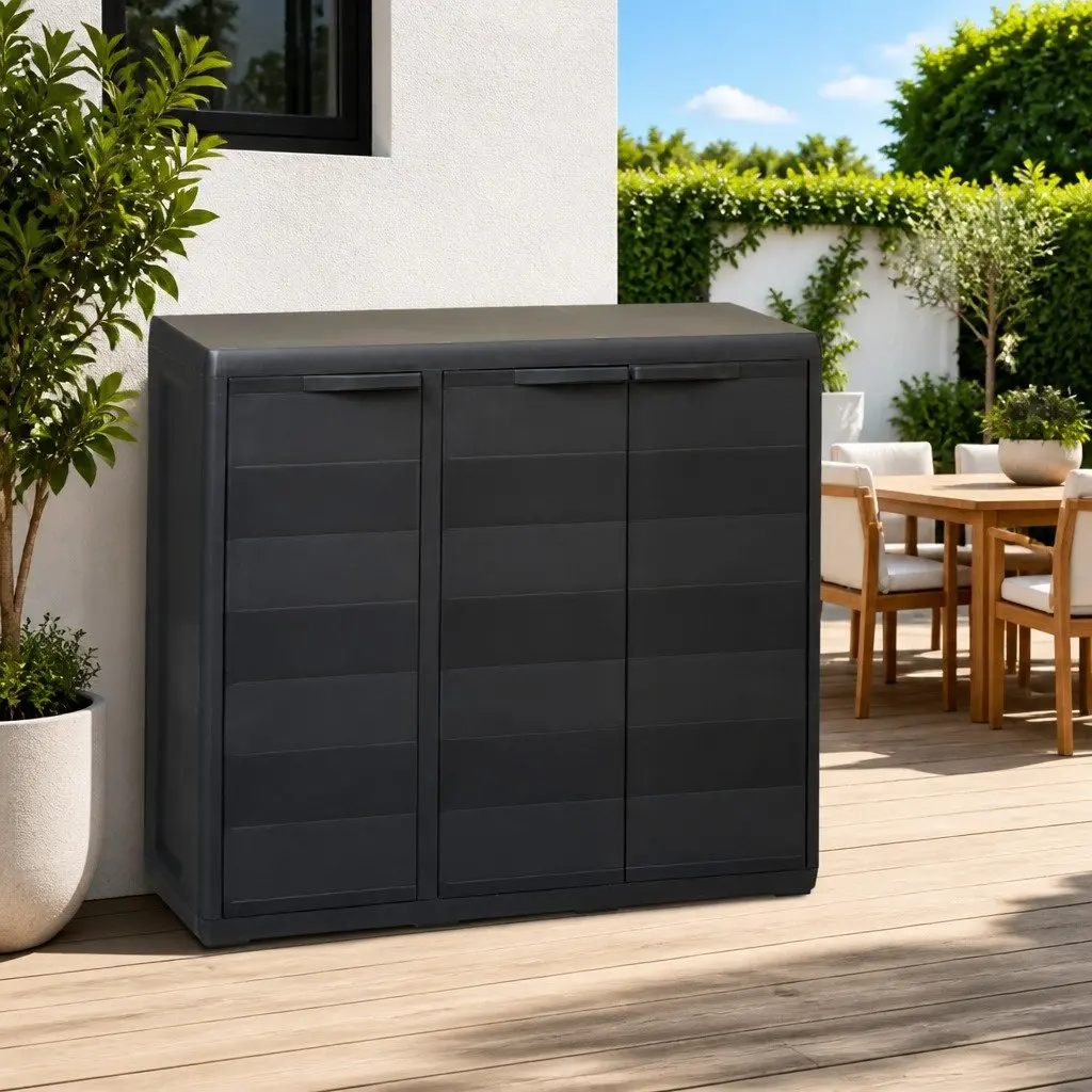 Garden Storage Cabinet with 2 Adjustable Shelves Black Outdoor Organiser