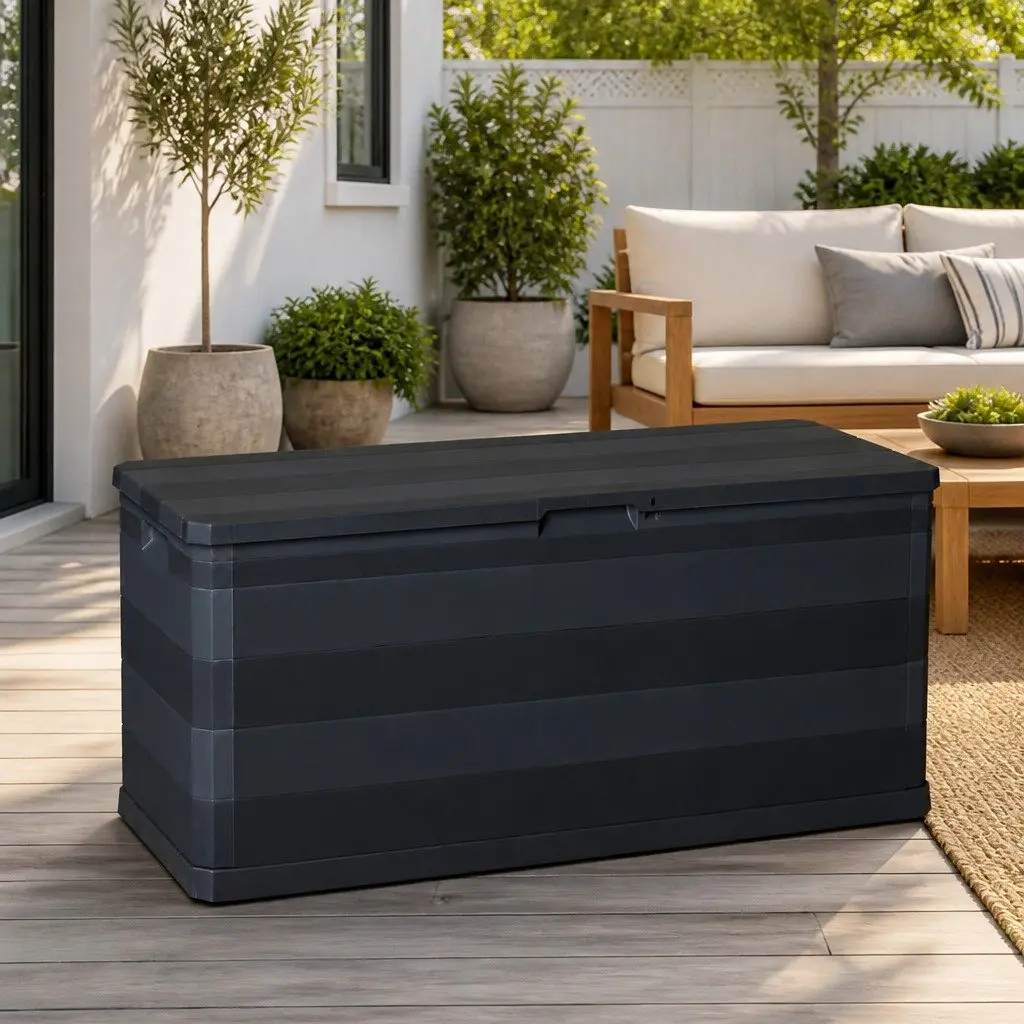 Garden Storage Box Black 117x45x56cm Robust Polypropylene Construction Spacious Interior