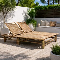 2-Person Sun Lounger Bamboo Garden Outdoor Furniture Adjustable Backrest Seating