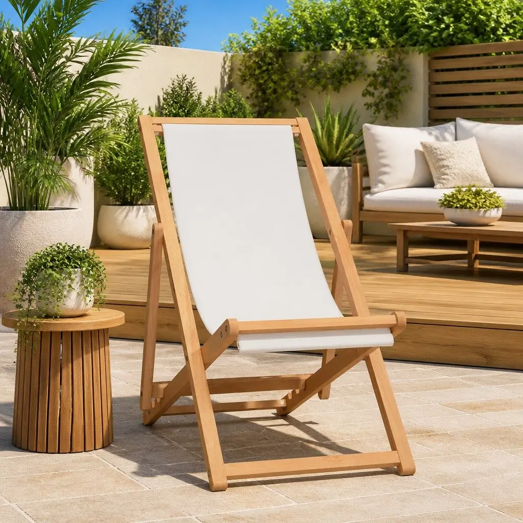 Deck Chair Cream Teak Adjustable Backrest Folding Outdoor Garden Furniture