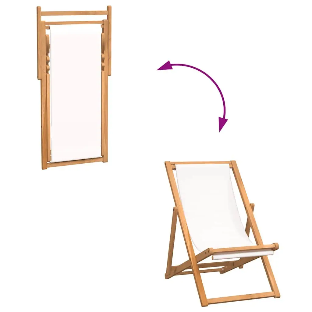 Deck Chair Cream Teak Adjustable Backrest Folding Outdoor Garden Furniture