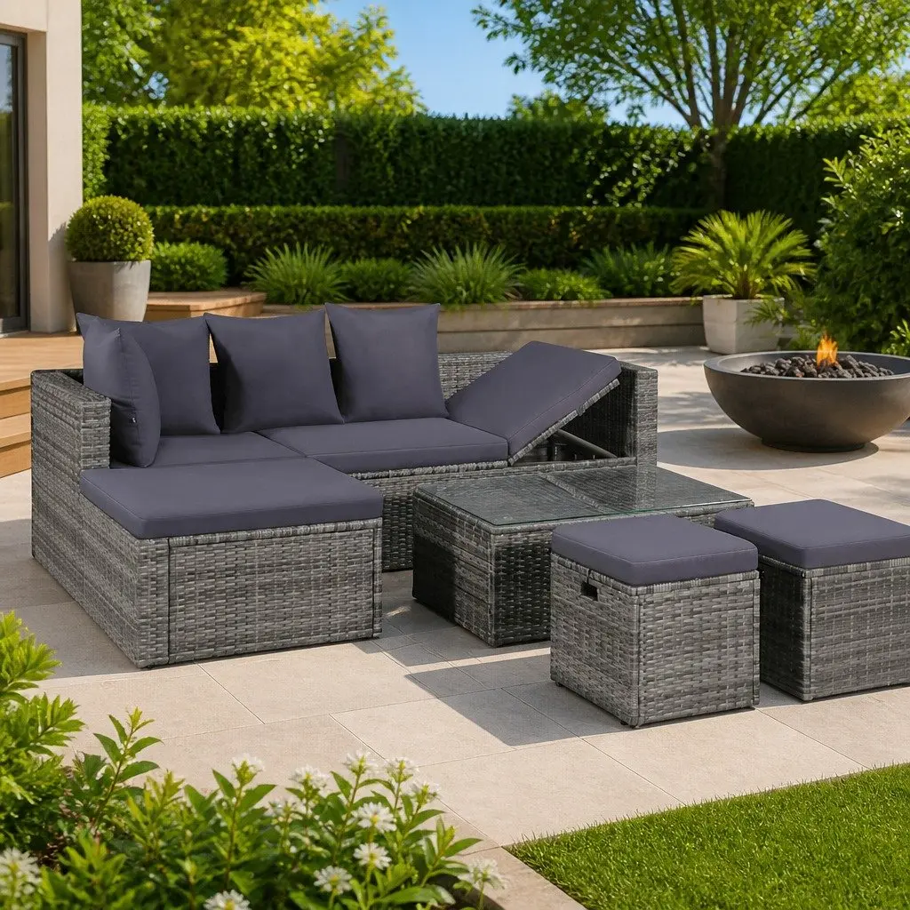 4 Piece Outdoor Garden Lounge Set Grey Poly Rattan Cushions Foam-filled