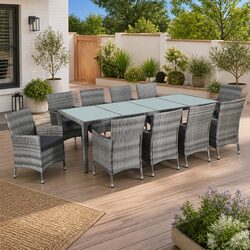 Outdoor Dining Set 11 Piece Poly Rattan Garden Furniture with Cushions Grey