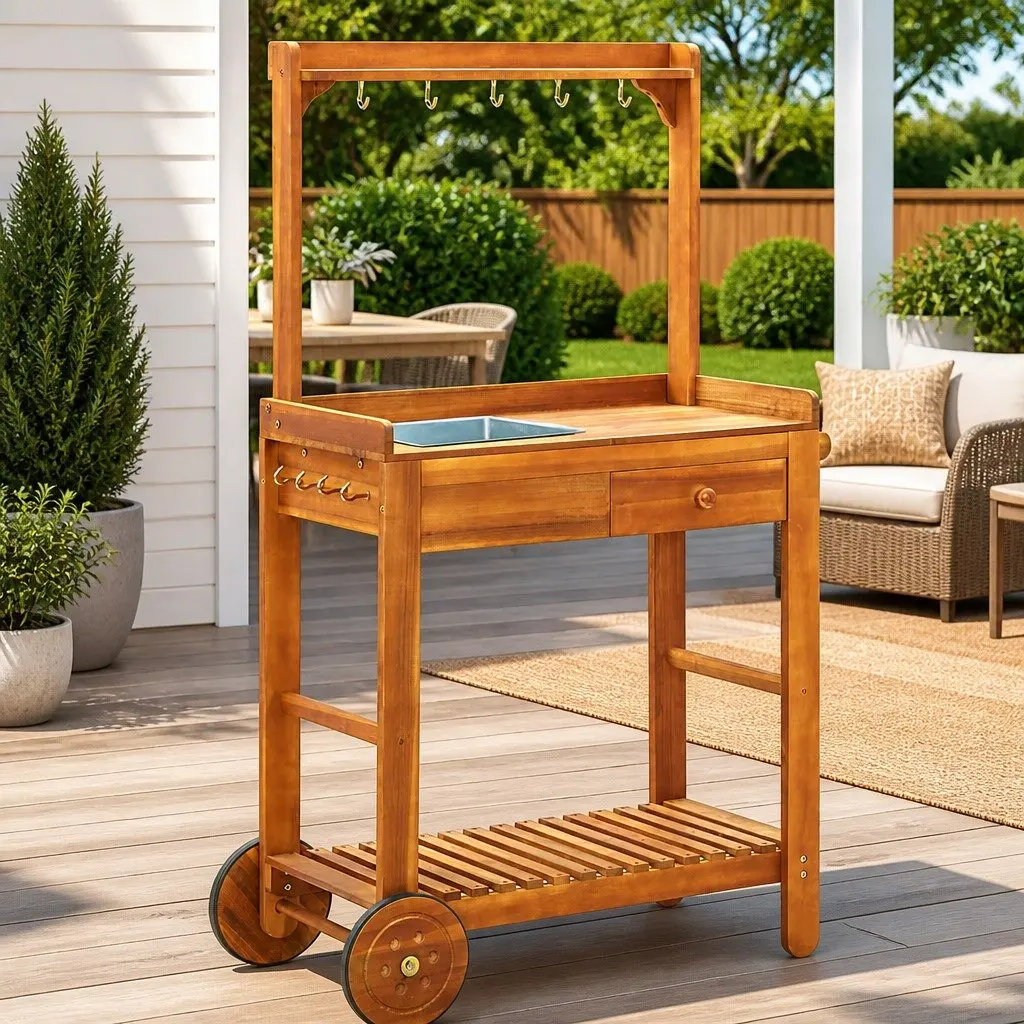 Garden Kitchen Trolley Brown Solid Wood Storage Drawer Shelf Hooks Wheels