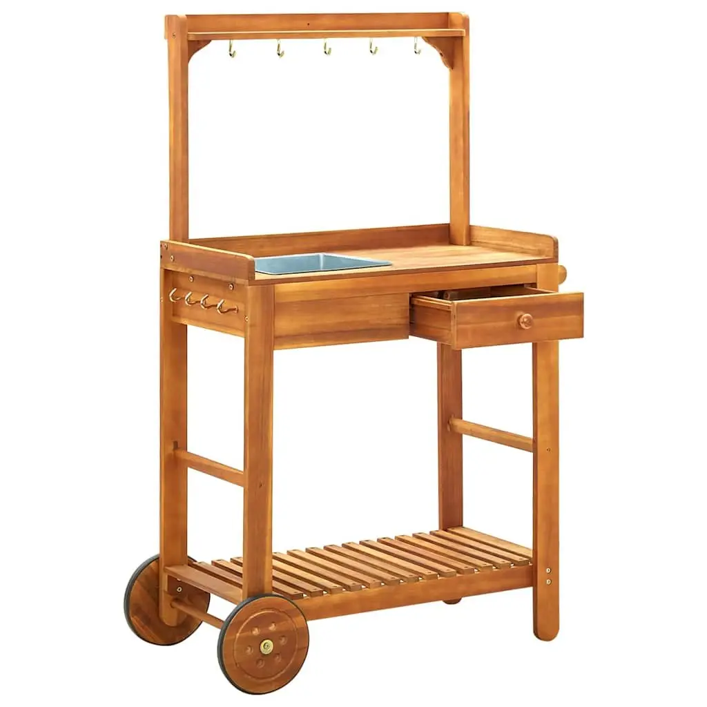 Garden Kitchen Trolley Brown Solid Wood Storage Drawer Shelf Hooks Wheels