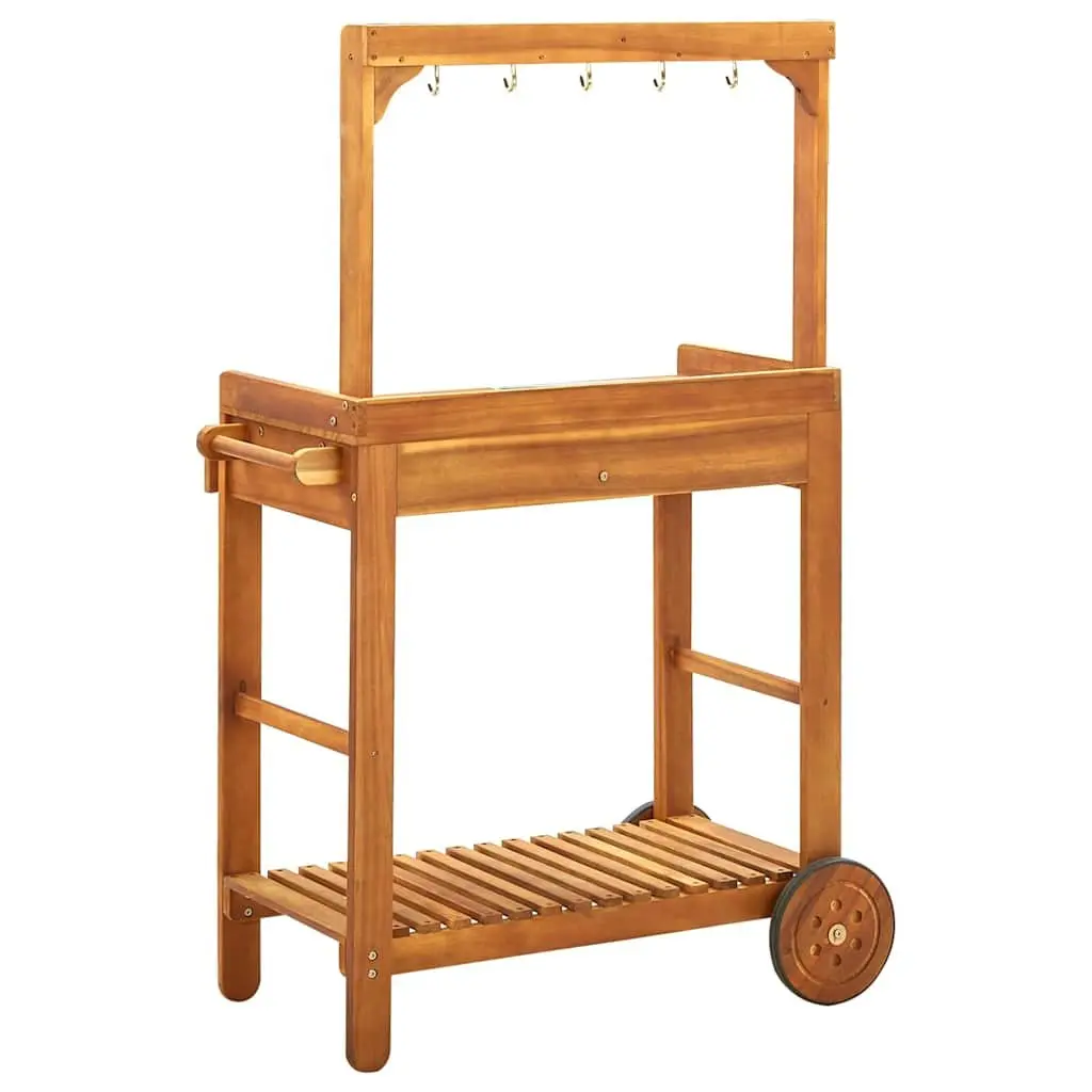 Garden Kitchen Trolley Brown Solid Wood Storage Drawer Shelf Hooks Wheels