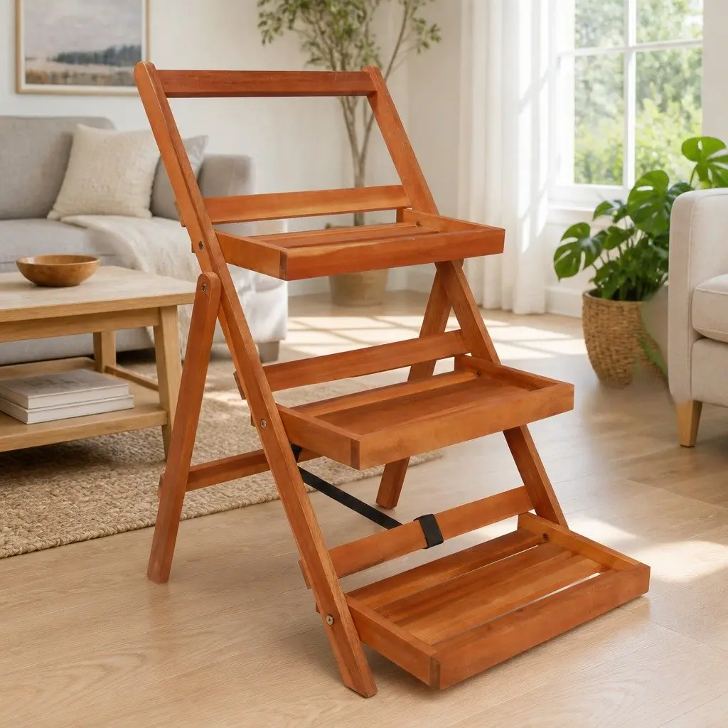 3-Tier Plant Stand Brown Foldable Solid Acacia Wood Display Rack