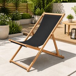 Folding Beach Chair Grey Wooden Frame Reclining Outdoor Garden Patio Seat