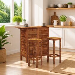 Solid Acacia Wood Bar Table with 2 Shelves - Perfect Addition