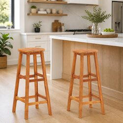 Bar Stools 2 Piece Set Solid Acacia Wood Brown Footrest Kitchen Dining Furniture