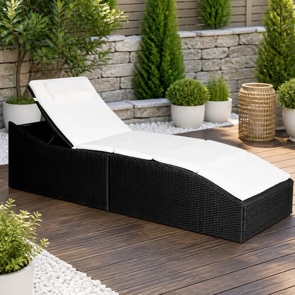 Sun Lounger Black Adjustable Reclining Chair Outdoor Furniture with Cushion