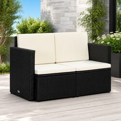 2 Seater Outdoor Sofa with Cushions Black Poly Rattan Garden Patio Furniture