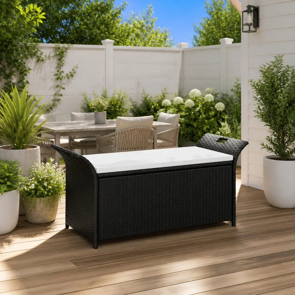 Outdoor Storage Bench Brown 138 cm Water-resistant PE Rattan with Cushion