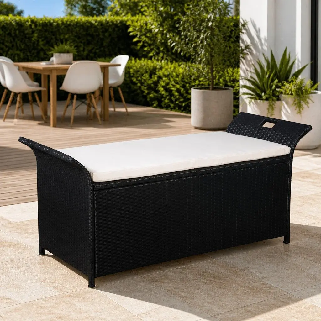 Outdoor Storage Bench Black 138cm Water-resistant PE Rattan with Cushion