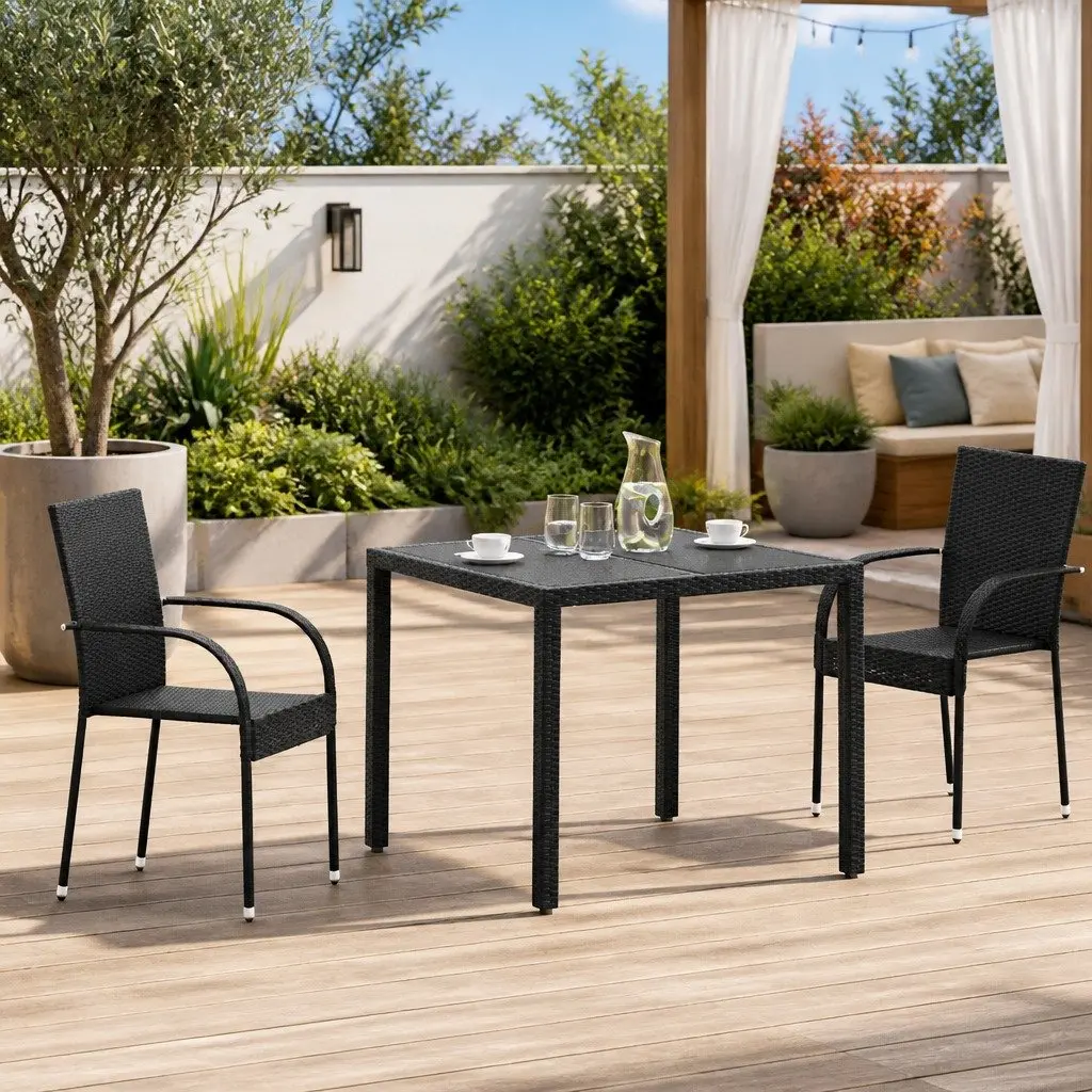 Outdoor Stacking Dining Chairs Black 2 Piece Lightweight Water-Resistant PE Rattan Powder-Coated Steel Frame