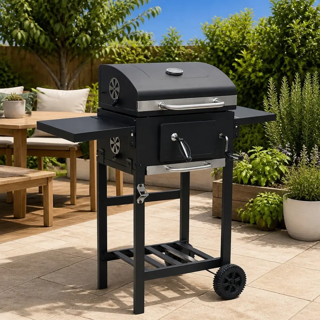 Charcoal BBQ Grill Black Outdoor Cooking with Integrated Thermometer and Foldable Side Tables