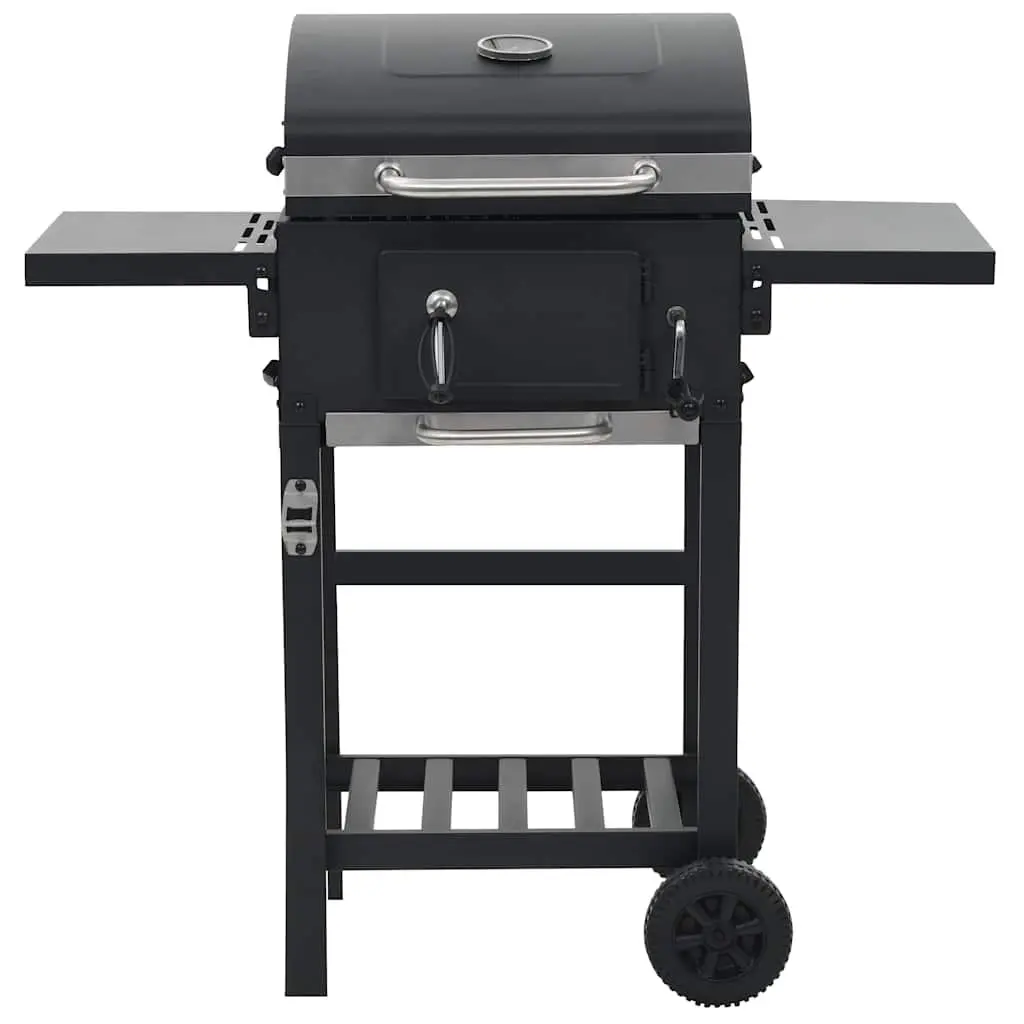 Charcoal BBQ Grill Black Outdoor Cooking with Integrated Thermometer and Foldable Side Tables