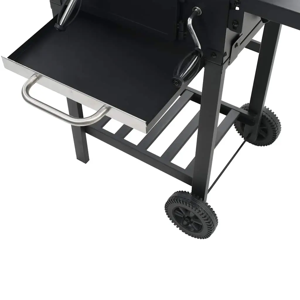 Charcoal BBQ Grill Black Outdoor Cooking with Integrated Thermometer and Foldable Side Tables