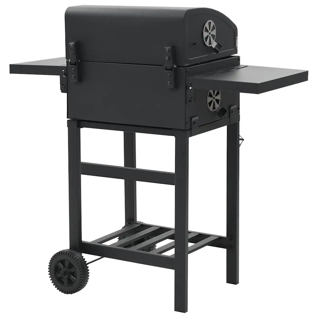 Charcoal BBQ Grill Black Outdoor Cooking with Integrated Thermometer and Foldable Side Tables