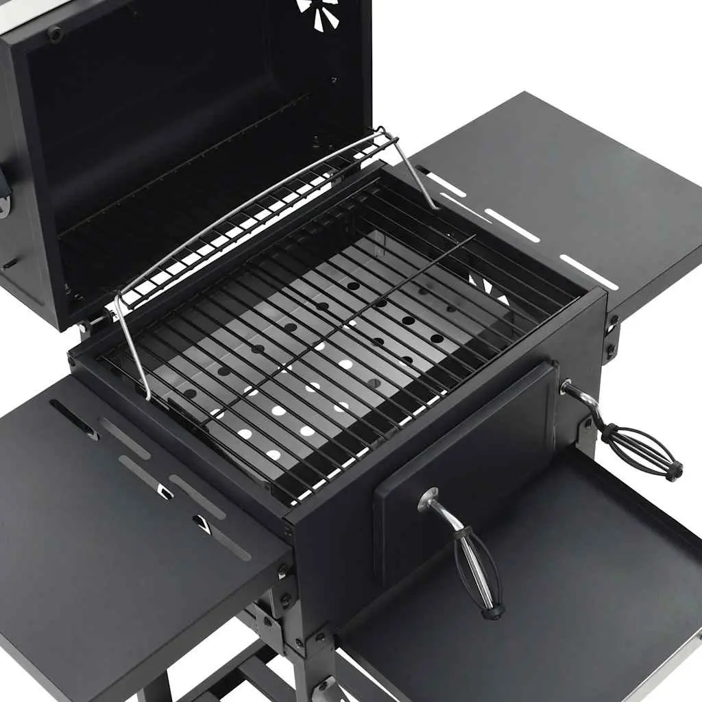 Charcoal BBQ Grill Black Outdoor Cooking with Integrated Thermometer and Foldable Side Tables