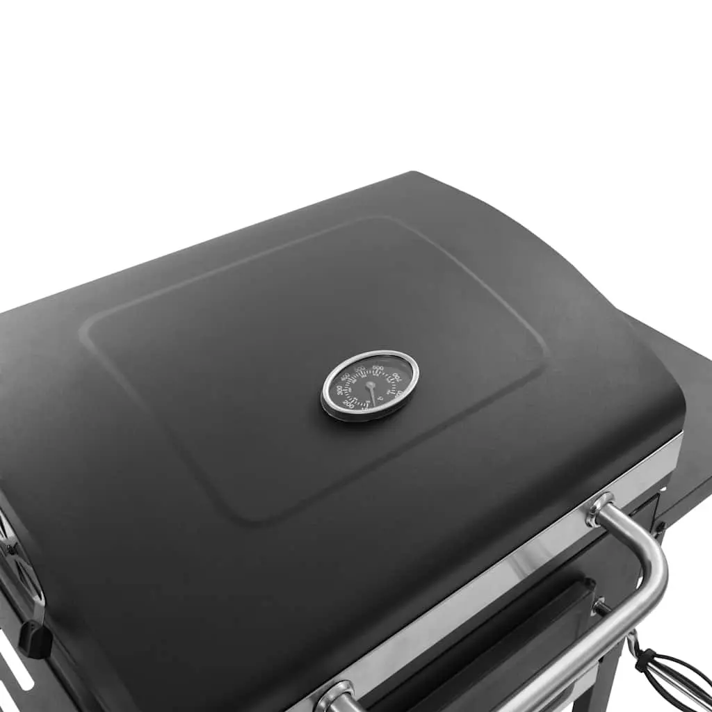 Charcoal BBQ Grill Black Outdoor Cooking with Integrated Thermometer and Foldable Side Tables