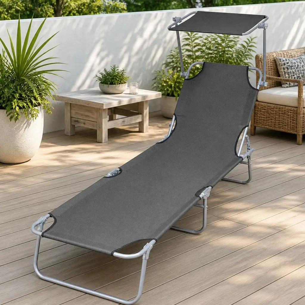 Folding Sun Lounger Grey Adjustable Canopy Steel Frame Outdoor Garden Beach