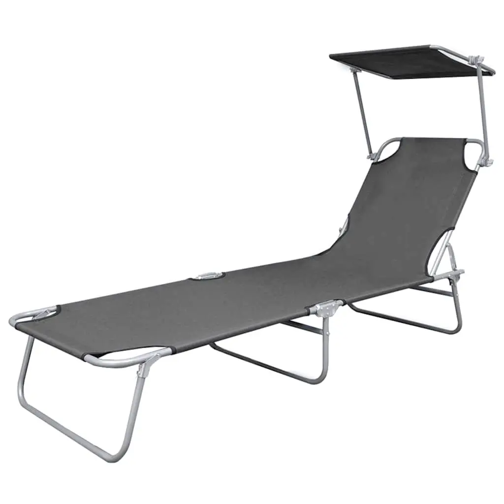 Folding Sun Lounger Grey Adjustable Canopy Steel Frame Outdoor Garden Beach