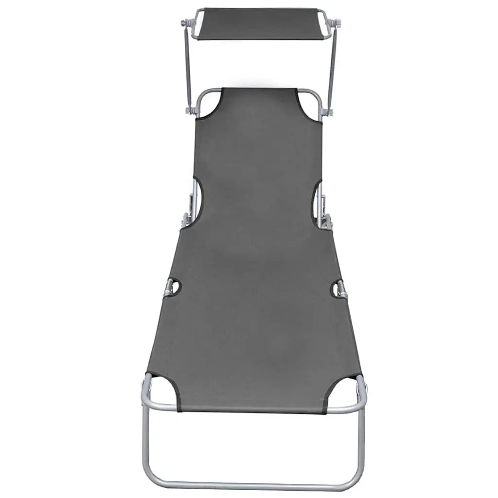Folding Sun Lounger Grey Adjustable Canopy Steel Frame Outdoor Garden Beach