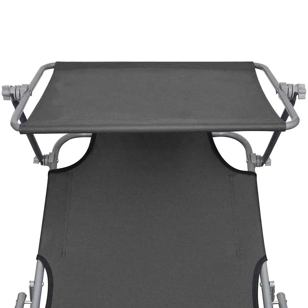 Folding Sun Lounger Grey Adjustable Canopy Steel Frame Outdoor Garden Beach