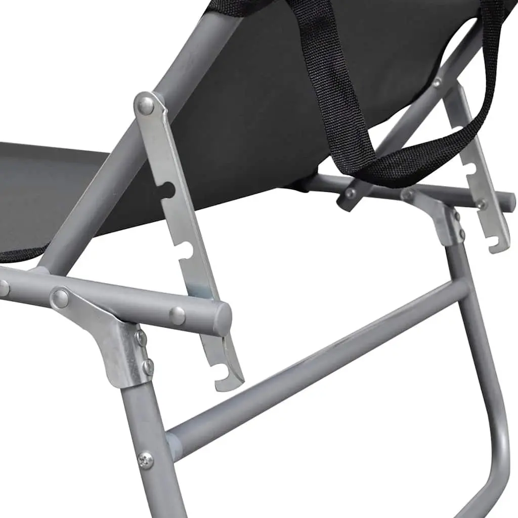 Folding Sun Lounger Grey Adjustable Canopy Steel Frame Outdoor Garden Beach