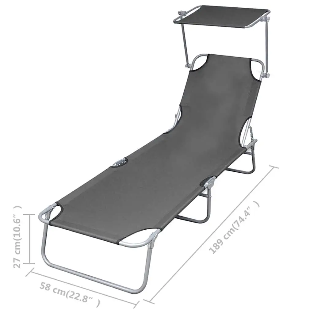 Folding Sun Lounger Grey Adjustable Canopy Steel Frame Outdoor Garden Beach