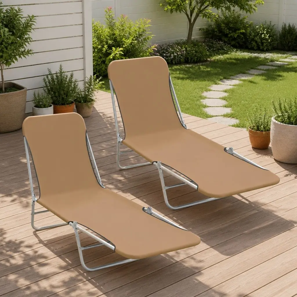 Folding Sun Loungers Taupe 2 Pieces Adjustable Backrest Lightweight Steel Frame