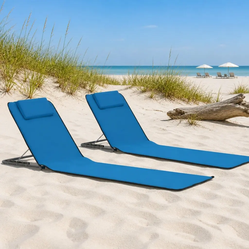 Folding Beach Lounger Blue 2 pcs Steel Frame Fabric Backrest Adjustable