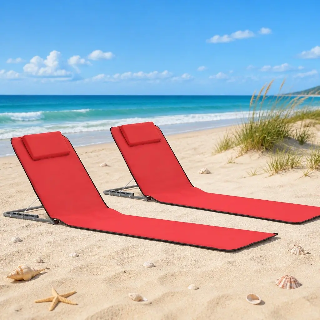 Folding Beach Chair Red 2 Piece Steel Frame Fabric Backrest Portable Lounger
