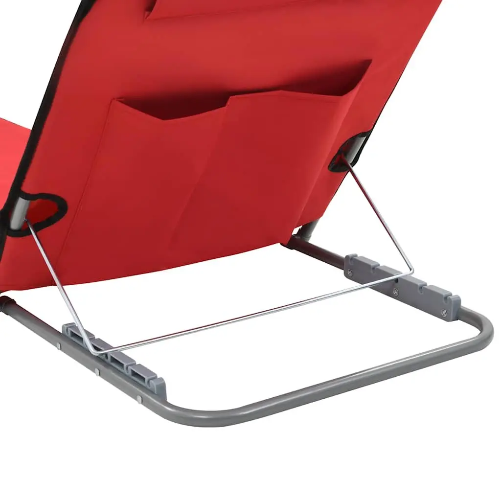 Folding Beach Chair Red 2 Piece Steel Frame Fabric Backrest Portable Lounger