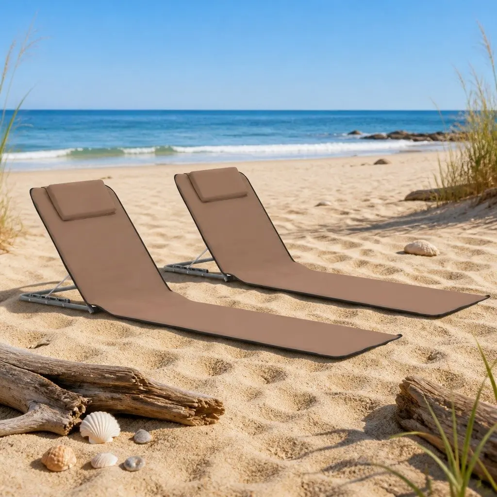 Folding Beach Mats 2 pcs Steel Frame Fabric Backrest Sun Lounger Chair Set