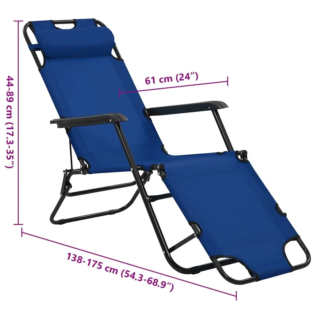 Folding Sun Loungers Blue 2 pcs Outdoor Garden Reclining Chairs with Adjustable Footrests