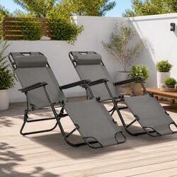 Sun Loungers Folding 2 pcs Grey Adjustable Reclining Garden Beach Chairs
