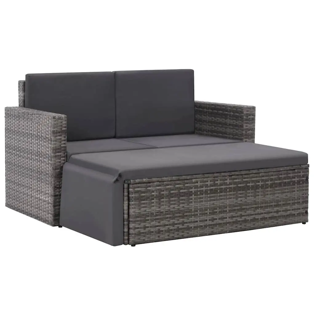 2 Piece Garden Lounge Set Grey Water-Resistant PE Rattan Sofa Stool with Cushions